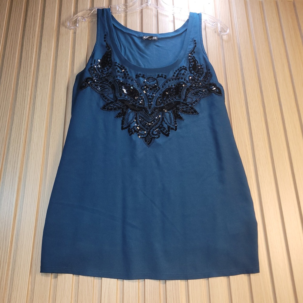 Express Teal Blue Sequin Beaded Tank Top Sleeveless Blouse Womens Small